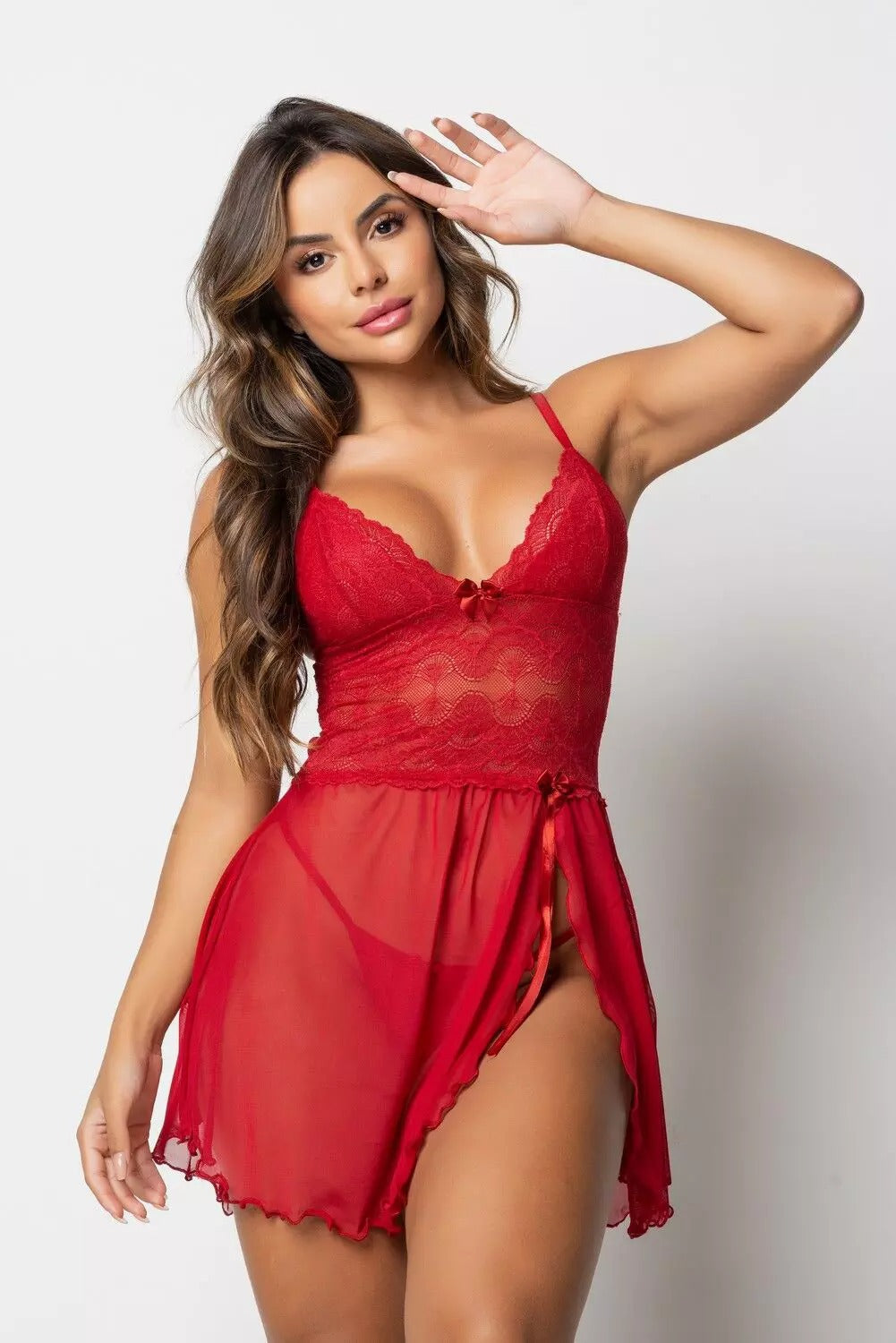 Red Tulle Nightie with Front Slit