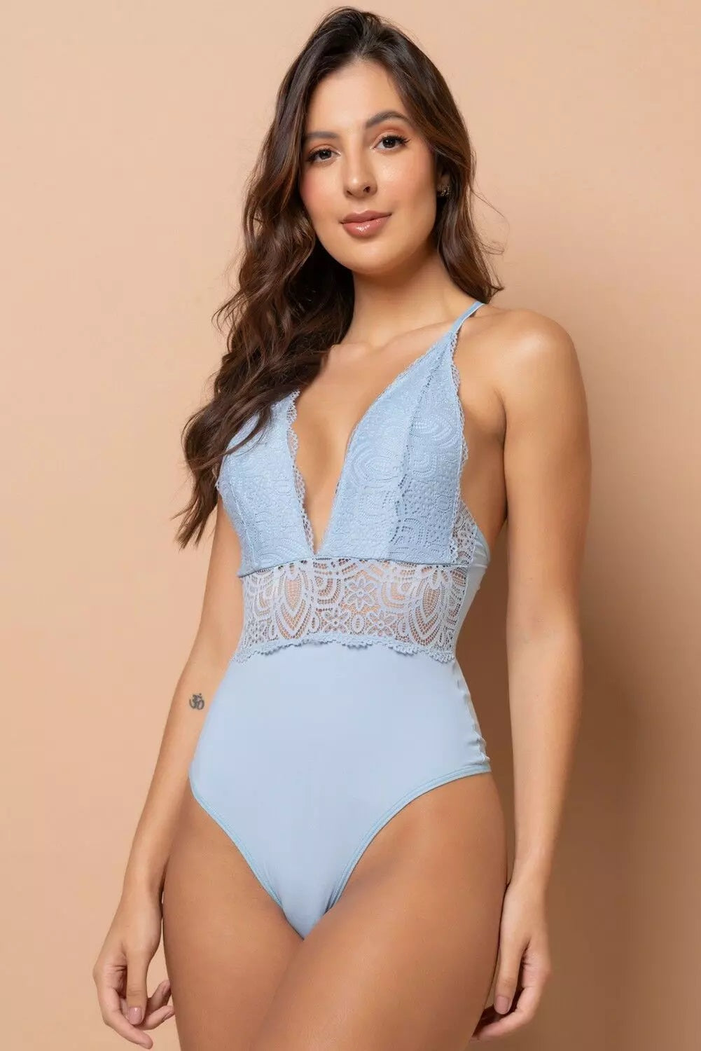 Light Blue Microfiber and Lace Bodysuit